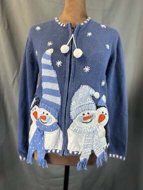 VGT Heirloom Collectibles Blue Snow Man Ugly Christmas Zip Cardigan 12/14
